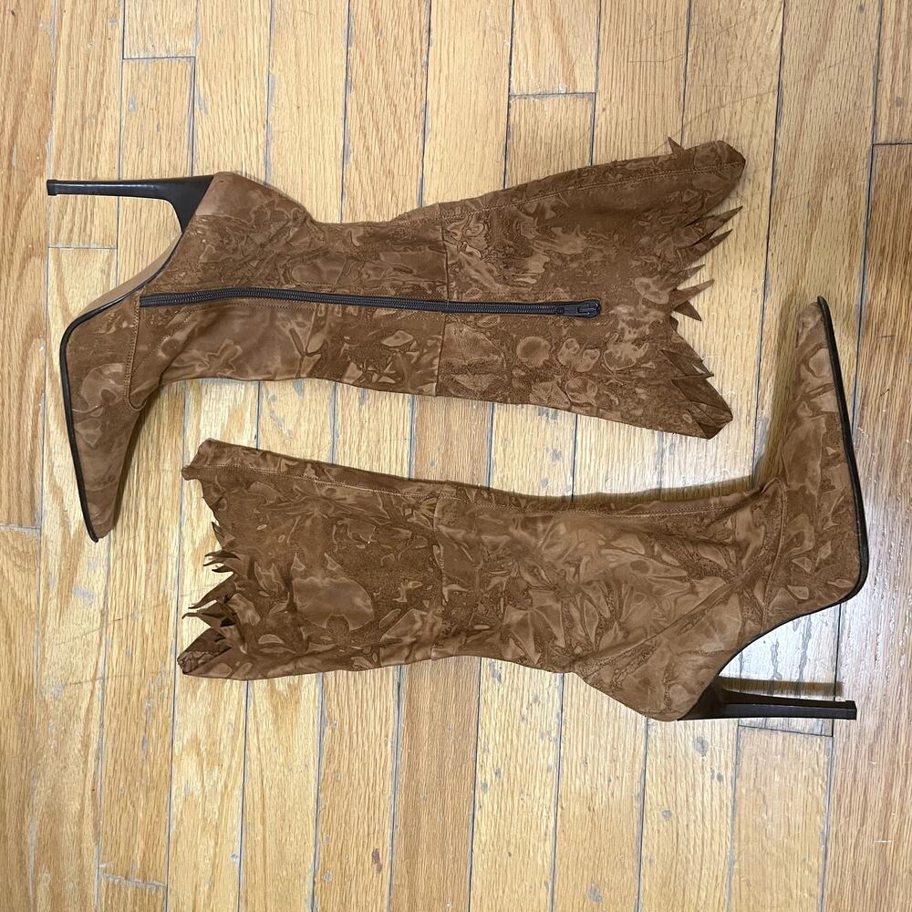 Mariano Renzi Womens High Boots 39/8 US Brown Suede Stiletto Cut-out Pointed.